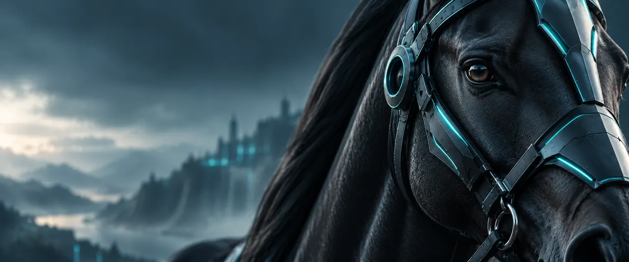Black horse in turquoise armor in front of a castle